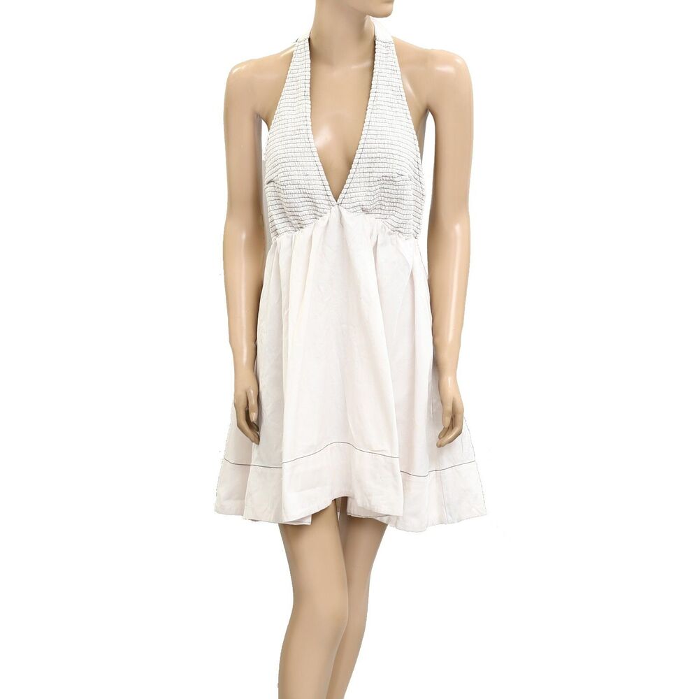 BDG Urban Outfitter Iris Smocked Halter Mini Dress Open-Back Cotton L 279618